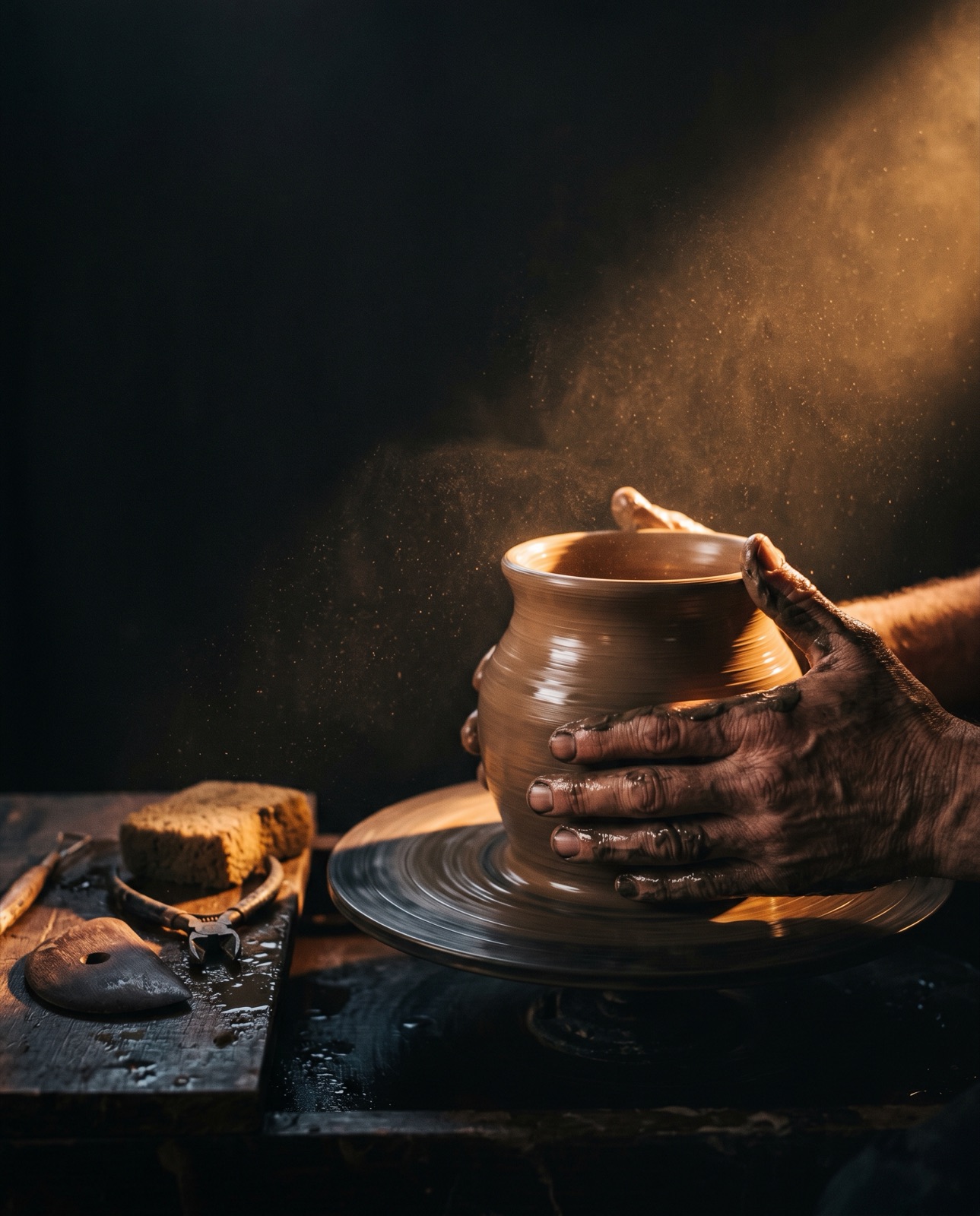 Mains d'un artisan céramiste façonnant un vase au tour, dans la lumière dramatique de son atelier